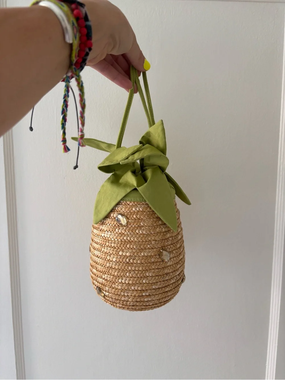 Gymboree Woven Pineapple Basket Bucket Bag with Green Drawstring Top